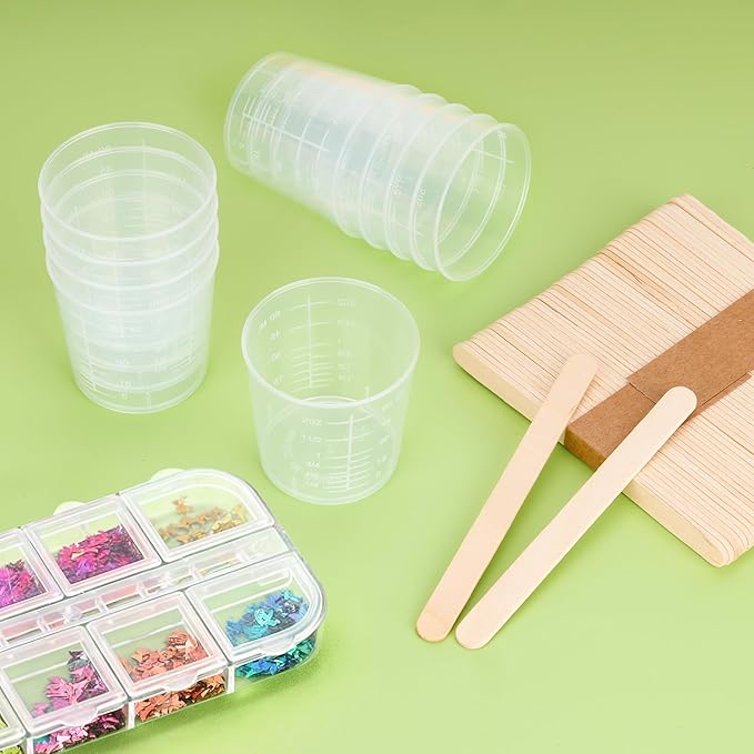 200 Pcs disposable measuring cups for resin, 2oz/60ml Plastic Graduated Cups with 200 Pcs Wooden Stirring Sticks, Clear Scale Cup for Liquid, Medicine