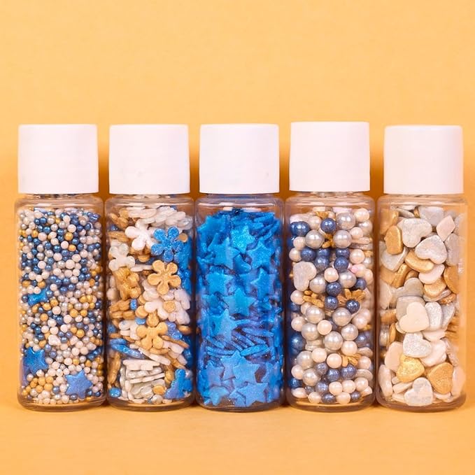 Confect Christmas Sprinkles | Blue, White, Gold & Silver Mix | Edible Pearl, Star & Heart Shaped Sprinkles | Holiday Cake & Cupcake Decorations- 5 Oz
