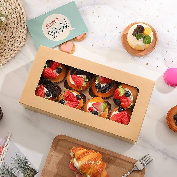 15 Cupcake Boxes 8 Count with Window and Inserts, Kraft Cupcake Containers, Cupcake Boxes for Cupcakes, Muffins, Cookies, Desserts