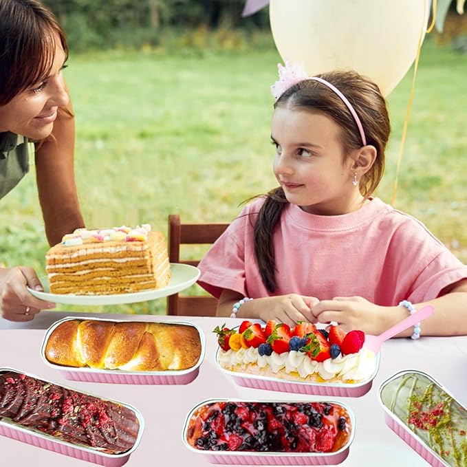 50 Pack Mini Loaf Pans with Lids and Spoons, 6.8 Oz Mini Cake Pans with Lids for Baking,Pink Disposable Rectangle Aluminum Foil Loaf Pan with Ribbon Stickers，Small Cake Containers Tin（Pink）