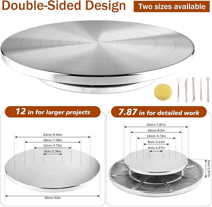 HighFree 12 Inch Sculpting Wheel, Large Double-Sided Pottery Turntable, Aluminum Alloy Silent Rotating Banding Wheel for Ceramic Clay Sculpting, Cake Decor, Paint Spraying, Craft Projects