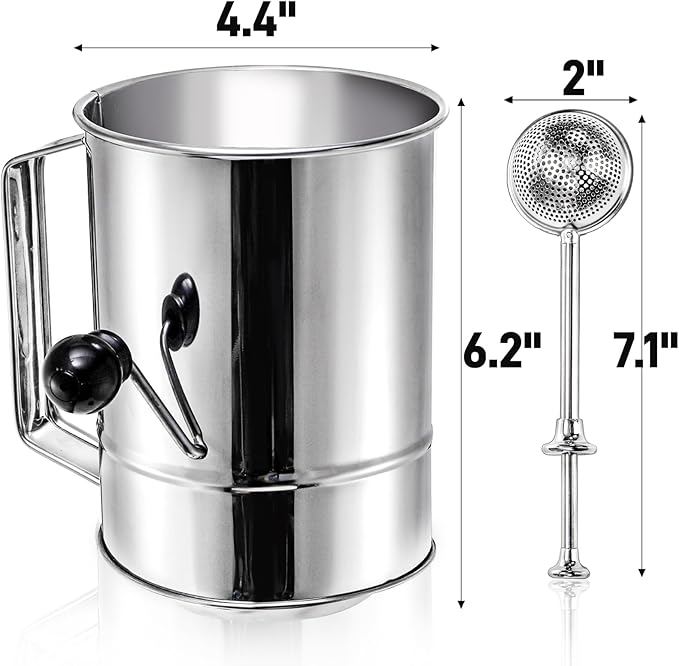 3 Pack Flour Sifter Set, 5 Cup Hand Crank Sifter with 2 Pieces Baker's Dusting Wands, Stainless Steel Fine Mesh Baking Sifter with Agitator Rotary, Powdered Sugar Duster for Baking Dessert
