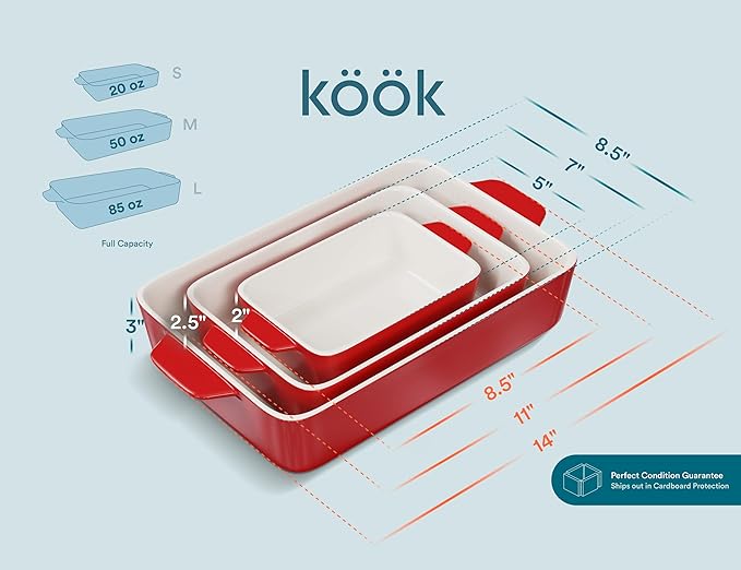 Kook Ceramic Bakeware Set, Rectangular Baking Dishes, For Casseroles, Lasagna, Cake, Small, Medium & Large Pans, Microwave & Dishwasher Safe, Set of 3, Cherry
