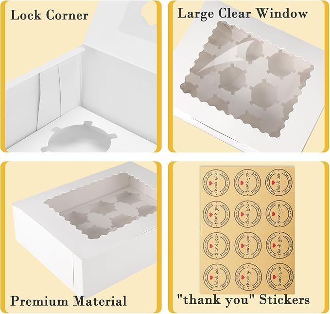 16 Sets of 12-Count White Cupcake Boxes with Window and Insert, 13x10x3.5 Inch, Suitable for Cupcakes, Muffins, and Cookies