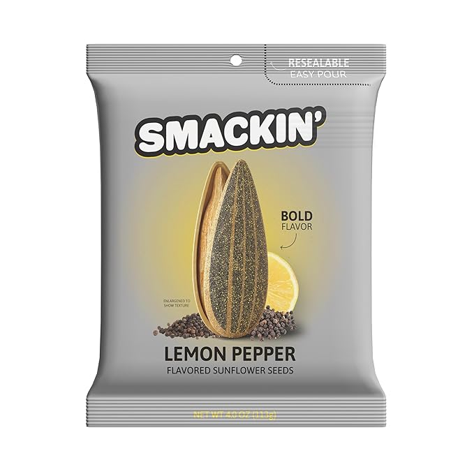 SMACKIN' - Jumbo Roasted Sunflower Seeds, No Salty Burn, American Made, Easy Pour & Seal - Lemon Pepper, 4oz bag (12 Bags)