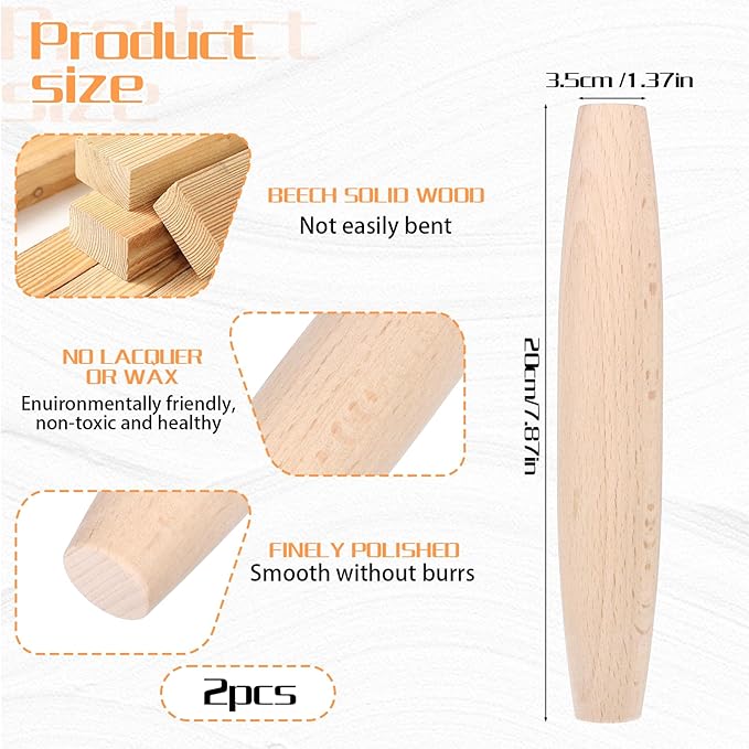 French Rolling Pin for Baking Dough Roller 7.9 Inches Beech Wood Tapered Rolling Pin for Pizza Dough Pie Crust Cookie Fondant Dumpling Pastry Pasta Kitchen Baking Supplies