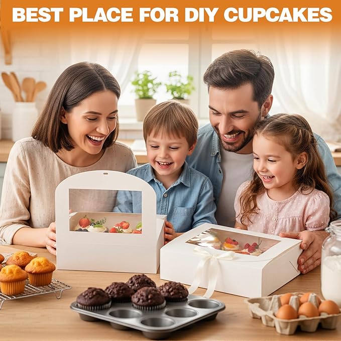20 Pack White Cupcake Boxes with Window and Ribbon, 12 Count Food Grade Cupcake Boxes Treat Holders for Cookies Pastries Desserts Bakery Muffins Birthday Holiday Christmas Party Supplies