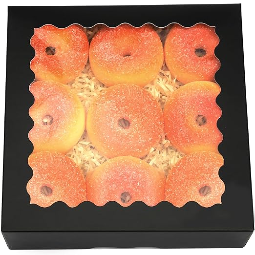 qiqee Auto-pop up Black Bakery Boxes 50 Packs Pastry Box 8x8x2.5 inch Pie Boxes With Window