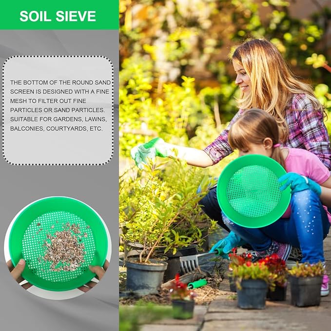 2Pcs Round Garden Soil Sieve Pan Plastic Sand Sifter Set for Sieve Work of Small Gravel, Soil, Sand（Green）