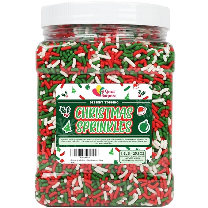 Christmas Sprinkles Bulk - 1.6 Pounds - Holiday Jimmies - Red White and Green Xmas Baking Toppings for Cookies, Cakes, Cupcakes, and More!