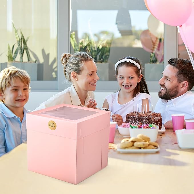12Pcs Cake Boxes, 12x12x12 Inches Tall Cake Boxes with Window, Pink Square Disposable Cake Carrier Container for Multi-Layer Cakes Birthday Party Wedding Bakery Boxes