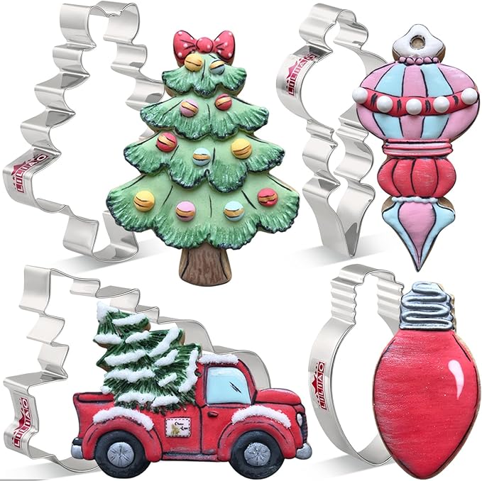 LILIAO Christmas Cookie Cutter Set, 4-pc, Pickup Truck with Christmas Tree, Christmas Tree, Light Bulb and Christmas Ornament Biscuit Fondant Cutters, Stainless Steel