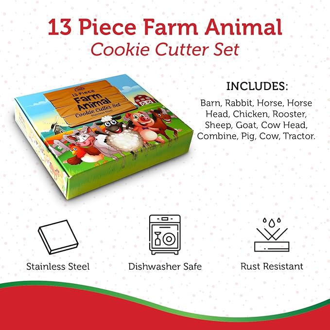 Farm Animal Cookie Cutter Set, 13 Piece Set, Premium Food Grade Stainless Steel, Dishwasher Safe