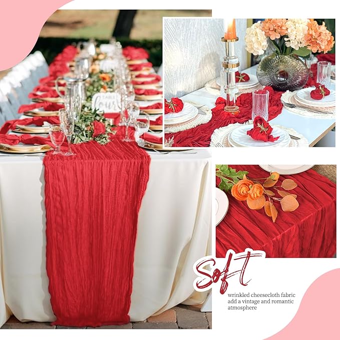 6 Pack Red Cheesecloth Table Runner 17x108 Inch Semi Sheer Boho Gauze Cheese Cloth Fabric Table Runners, for Wedding Party Baby Shower Birthday Home Decor Garden Farmhouse