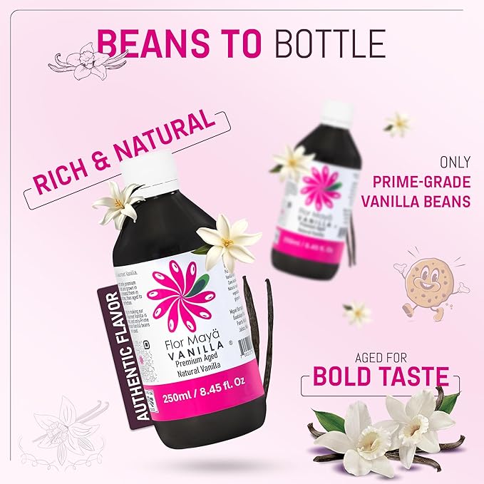 Flor Maya Premium Aged Natural Vanilla Extract - Extract from Prime Vanilla Beans - Handcrafted - Gourmet Baking & Cooking - Gluten-Free, No Coumarin, 8.45 Fl Oz (250 ml)