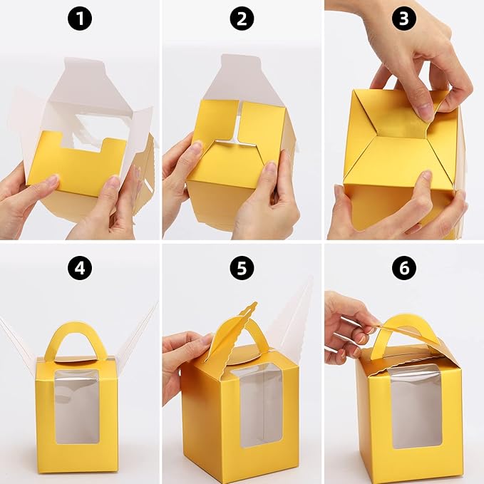 acDesign 100 Pcs Cupcake Holders Individual 3.6in*3.6in*4.3in Cupcake Boxes With Window Handle and Inserts for Bakery Wrapping Party Favor Packing(Gold)