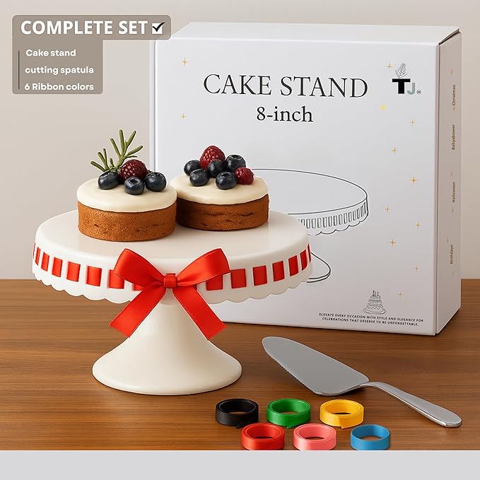 CERAMIC Cake stand,( 8 inch small cake stand ) cake pedestal stand with ribbons, cake stands for party or birthday, white cake platter - cake display stand for wedding reception, pie stand