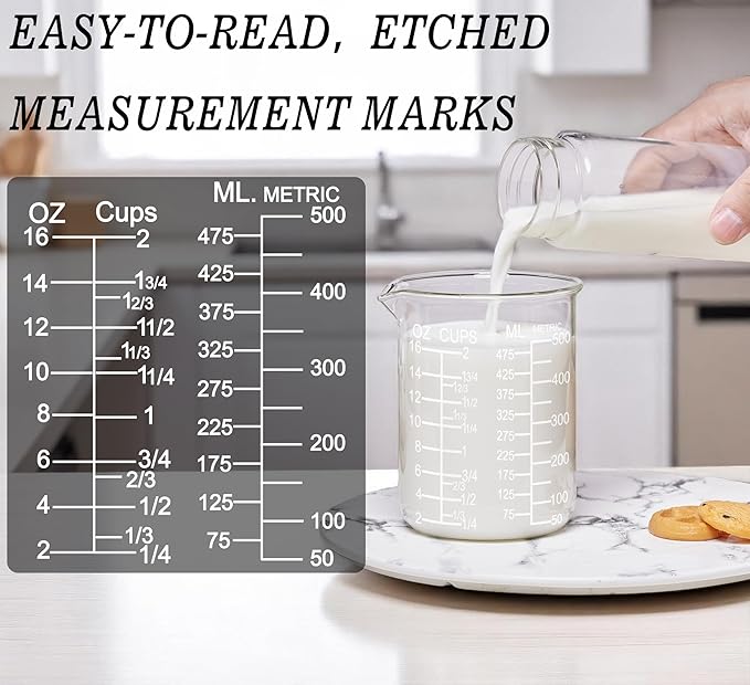Ackers Etched Graduated Glass Measuring Cup -V-Shaped Spout -High Borosilicate Glass Measuring Cup for Kitchen or Dining, Easy to Read, 500 ML (16 Oz, 2 Cup)
