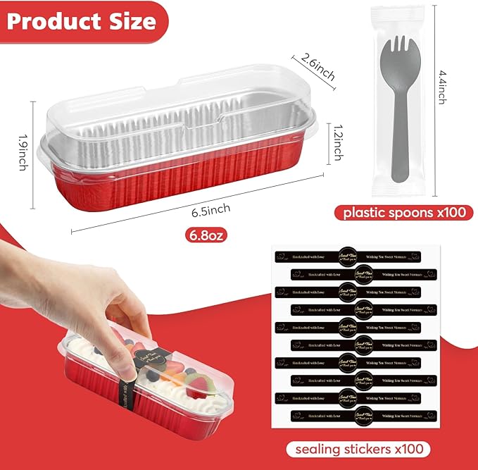 Ruckae 100 Pack Mini Loaf Pans with Lids and Spoons Stickers Disposable Aluminum Tin Foil Pans Rectangle Mini Loaf Cake Pan for Baking,Party,Picnics,Gifts(Red)