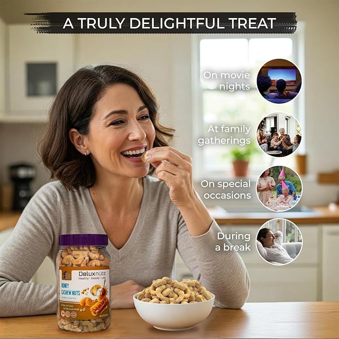 DELUXNUTS Premium Roasted Honey Cashew Crunch 21oz | Sweet Honey Roasted Cashews Gift, Whole Cashew Nuts Snack Mix, Healthy Gourmet Snack for Adults, High Protein, Gluten-Free, Premium Holiday & Christmas Gift Idea