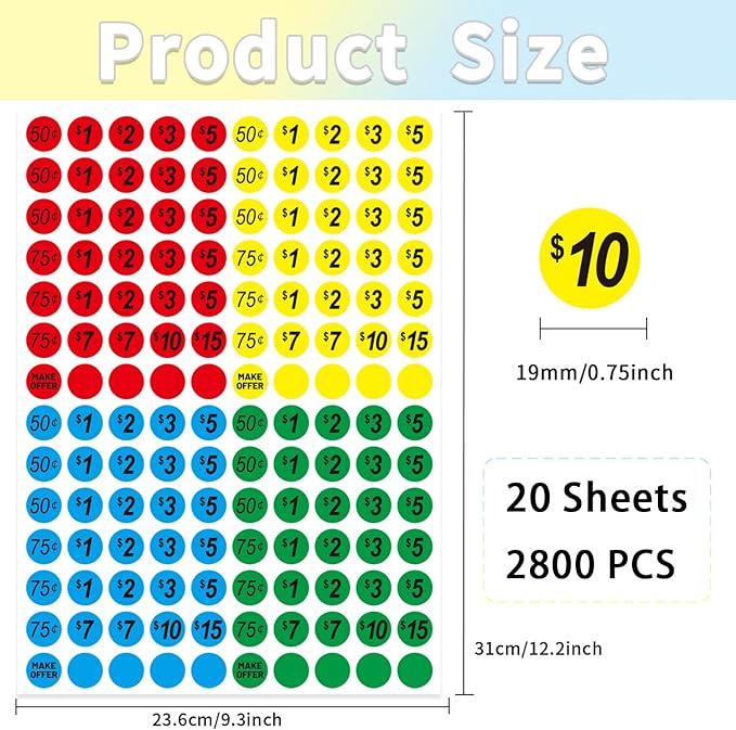 Starboling 2800 PCS Yard Sale Price Stickers,3/4" Diameter Garage Sale Pre-Priced Pricing Labels Flea Market Pre-Printed Pricing Stickers for Retail