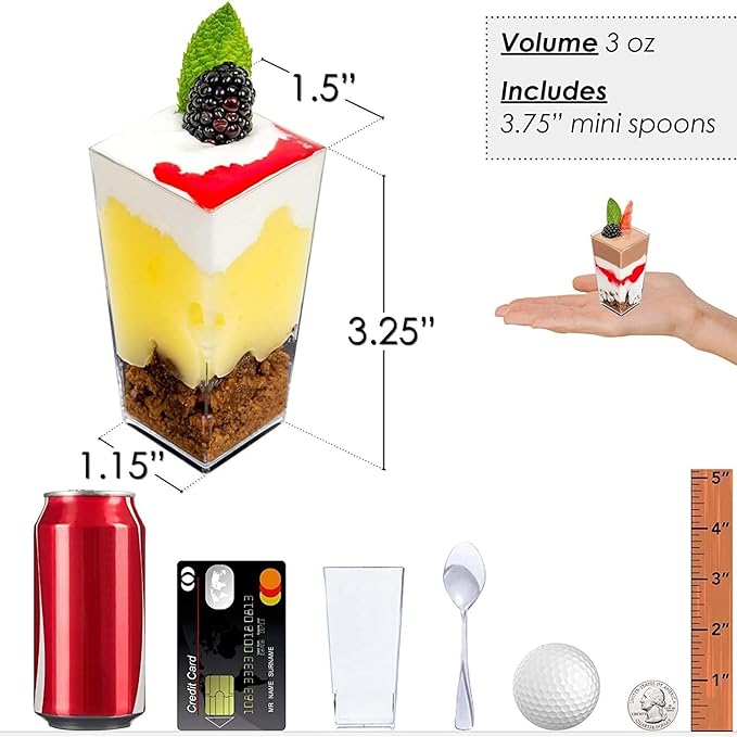 DLux 50 x 3 oz Mini Dessert Cups with Spoons, Square Tall - Clear Plastic Parfait Appetizer Cup - Small Reusable Serving Bowl for Party Desserts Appetizers - With Recipe Ebook