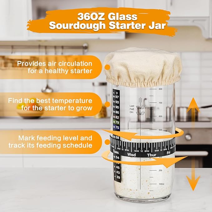 Glass Sourdough Starter Kit with Cloth Cover & Metal Lid, Tracker Band, Thermometer, Jar Scraper, Lame, Dough Whisk, Bread Baking Supplies