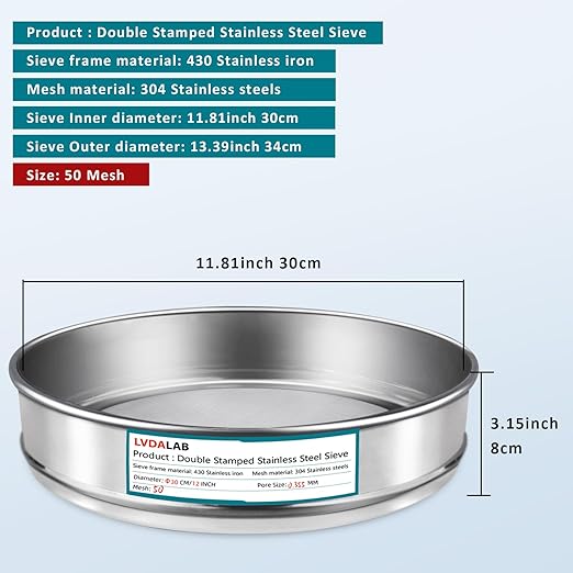 304 Stainless Steel Lab Sieve Screen Mesh, 50 Mesh (0.355mm) Aperture Test Sieve, 12Inch(30cm) Diameter Economy Standard Analysis Sample Test Sieves for Industrial Laboratory Homes