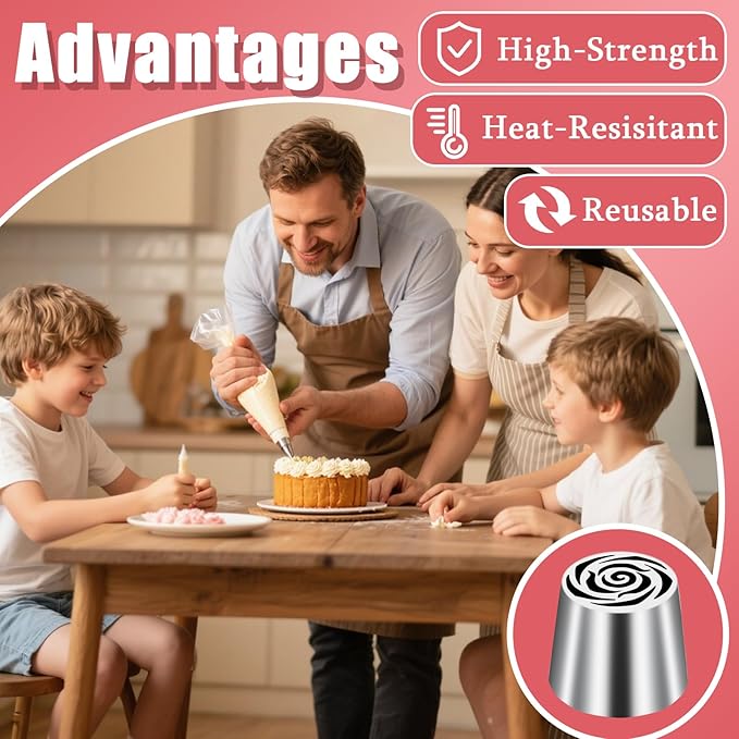 Extra Large Russian Piping Tip Stainless Steel Rose Floral Piping Nozzle Icing Piping Kit for Cake Decorating Flower Frosting Piping Pastry Cupcakes Cakes Cookies Desserts Baking Tool