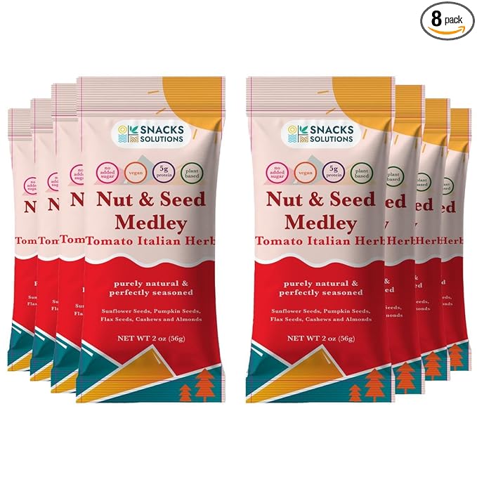 Snacks Solutions Nut and Seed Medley (2 oz - Pack of 8, Tomato Italian Herbs) Vegan, Plant Based, Gluten Free, No Added Sugar
