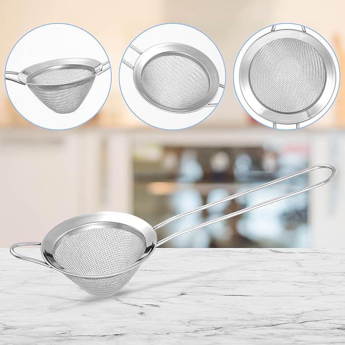 3 Pieces Small Strainer Fine Mesh Tea Strainers for Kitchen Small Stainless Steel Sieves Food Strainer with Handles Colander Conical Food Loose Sieve Filter Sifter Riddle for Cocktails Tea Coffee