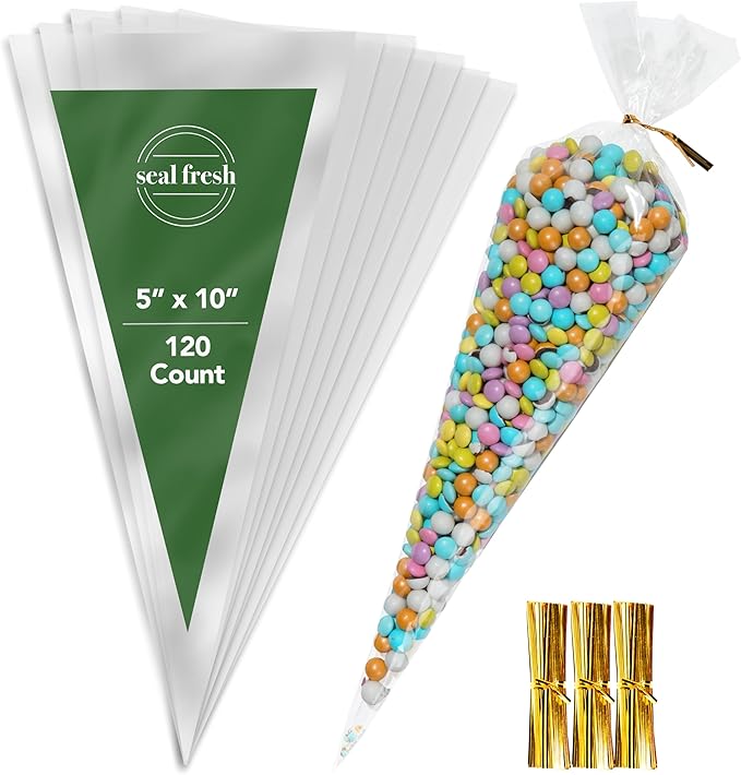 Seal Fresh Cone Cellophane Bags with Twist Ties – 5 x 10 Inch (120 Pack) — Clear Cone-Shaped Treat Bags for Candy, Snacks, Popcorn, Party Favors, Gifts