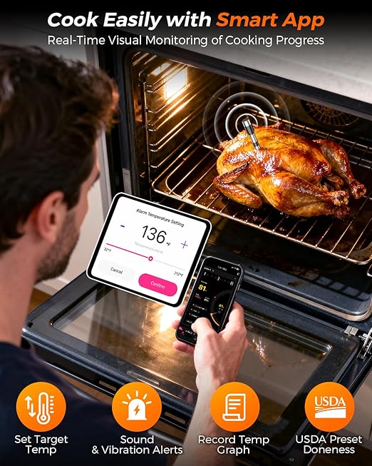 2025 AI Wireless Meat Thermometer, Smart Bluetooth Meat Thermometer Digital, ±0.5°F High Accuracy, Grill Temperature Probe for BBQ, Grilling, Smoker, Oven, Cooking, Air Fryer, 2 Probes