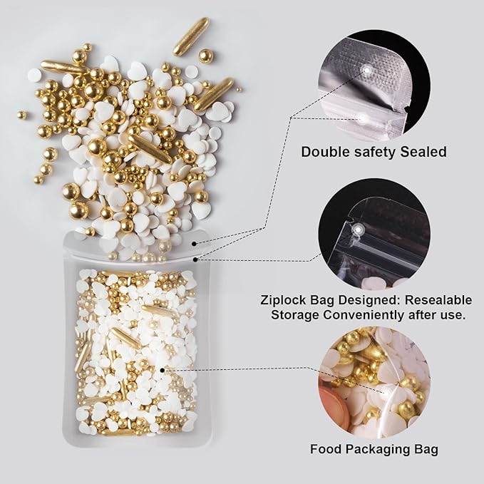 HUEBEATY 6-in-1 Edible Cake Pearl Sprinkles – Black Gold Silver White Sprinkles for Cake Decorating, Cupcakes, Cookies & Ice Cream | 6.36oz/180g | Wedding, Birthday, Graduation, New Year, Valentines Decorations