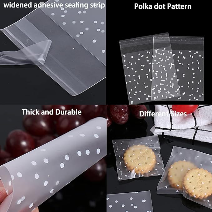 100pcs Self Sealing Cookie Bags,Polka Dot Cellophane Bags with Thank You Stickers (5"x5")
