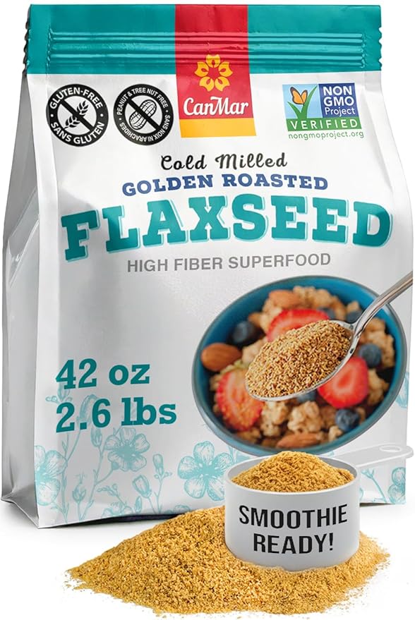 CanMar Ground Milled Golden Roasted Organic Flaxseed, 42 oz – Vegan, Non-GMO, Gluten Free – Flaxseed Meal with Omega-3, Fiber – Ground Organic Linseed Powder (42 oz)