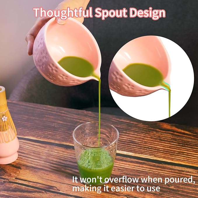 7 Pcs Matcha Whisk Set, Ceramic Matcha Set Includes Matcha Bowl, Matcha Whisk and Holder, Bamboo Scoop, Scoop Rest, Sifter and Tea Towel With home, tea house, office, etc (Pink)