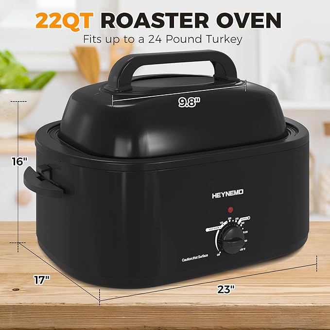 Roaster Oven 22Qt, Electric Turkey Roaster Oven Buffet with Self-Basting Lid, Cool-Touch Handles, Removable Pan and Rack, Stainless Steel, Black