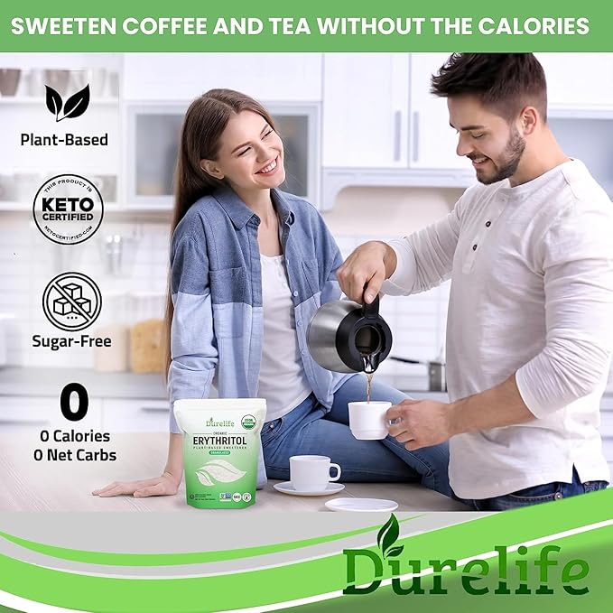 Durelife USDA organic erythritol sweetener, non gmo verified, Keto certified, No After Taste, Kosher, Zero Calorie Plant-Based Sugar Alternative 5 LB
