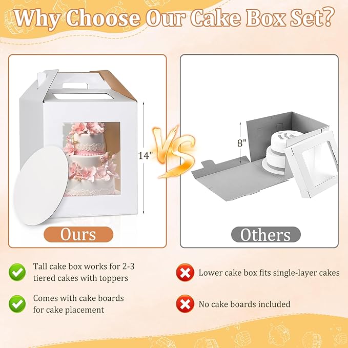 3 Pack Tall Cake Box for Tier Cake with Cake Board, 12 x 12 x 14 Inch Large Tiered Cake Carriers with Clear Windows & Handle, Disposable Bakery Take Out Transport Container for Birthday Wedding Party