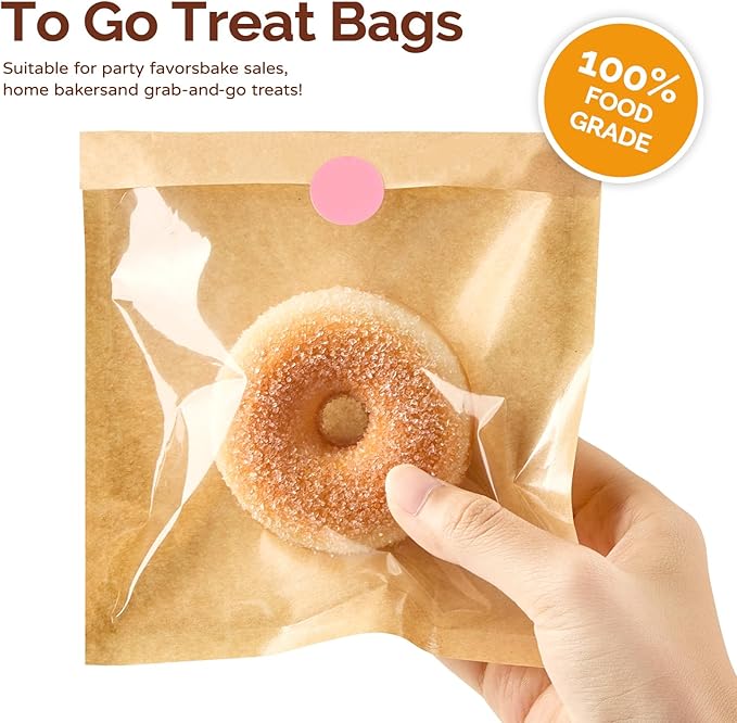 Ocmoiy 200 Pcs Cookie Packaging Bags with Seal, 5.7x6.5 Inch Paper Bakery Bags with Window, Heat-Sealable & Grease-Resistant Bake Sale Sleeves for Treat, Donut, Scone, Brownie, Cake Slice