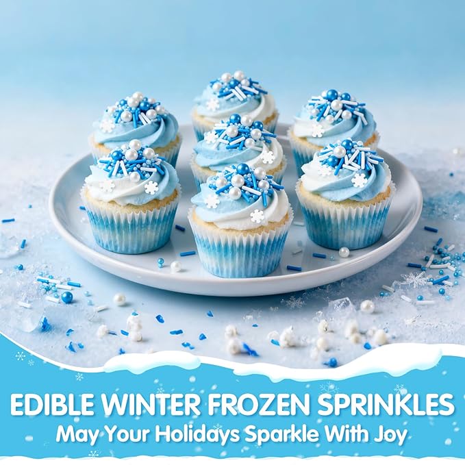 Christmas Edible White Snowflake Sprinkles,Blue White Nonpareils Pearls Jimmies Mix Sugar Sprinkle,100g,Snow Block Candy for Cake Decorating,Holiday Cake Decorations,Dessert,Cookies,Christmas Winter Baking Decorating