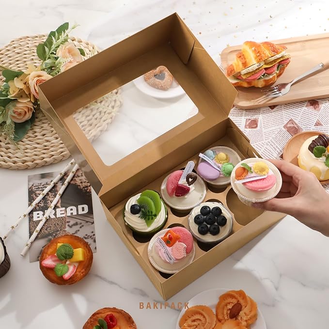 25 Cupcake Boxes, Kraft Cupcake Boxes 6 Count with Window and Inserts, Cupcake Holders for Cupcakes, Muffins, Cookies, Pastries