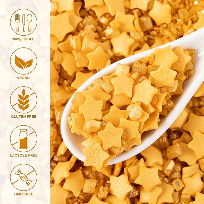 Gold Star Sprinkles for Cake Decorating Gold Sanding Sugar Sprinkles Mix Crystal Sugar for Cookie Baking Ice Cream Brownie Cupcake Toppings Shower Party Wedding