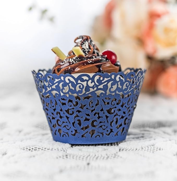100pcs Cupcake Wrappers Artistic Bake Cake Paper Cups Little Vine Lace Laser Cut Liner Baking Cup Muffin Case Trays for Wedding Party Birthday Decoration (Navy Blue)