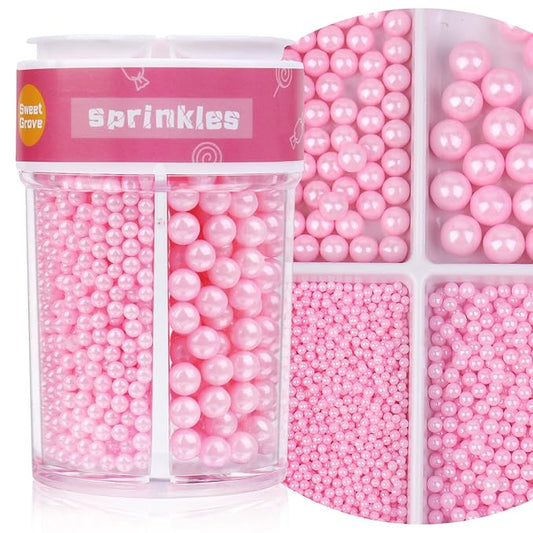 Pink Sprinkles for Cake Decorating, 7.8oz Edible Pearl Sprinkles, Sugar Candy Pearls for Baking, Cookie Decorations & Cupcake Topper, Wedding Party Valentines Supplies (Pink, 4 Sizes)