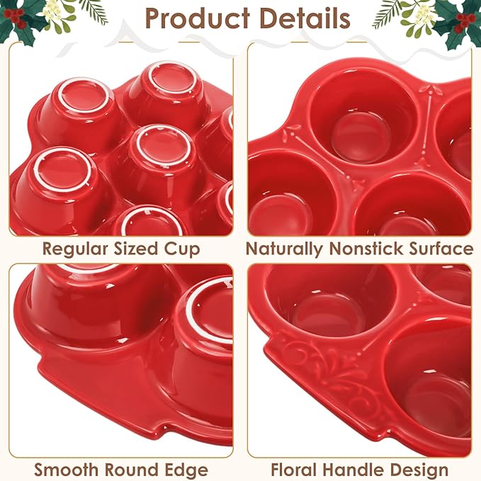 Youeon 2 Pack Red Ceramic Muffin Pans, 7 Cup Nonstick Cupcake Baking Pans with Floral Handles, Oven & Dishwasher Safe Muffin Tins for Muffins, Cupcakes, Mini Cheesecakes, Holiday Baking Gift