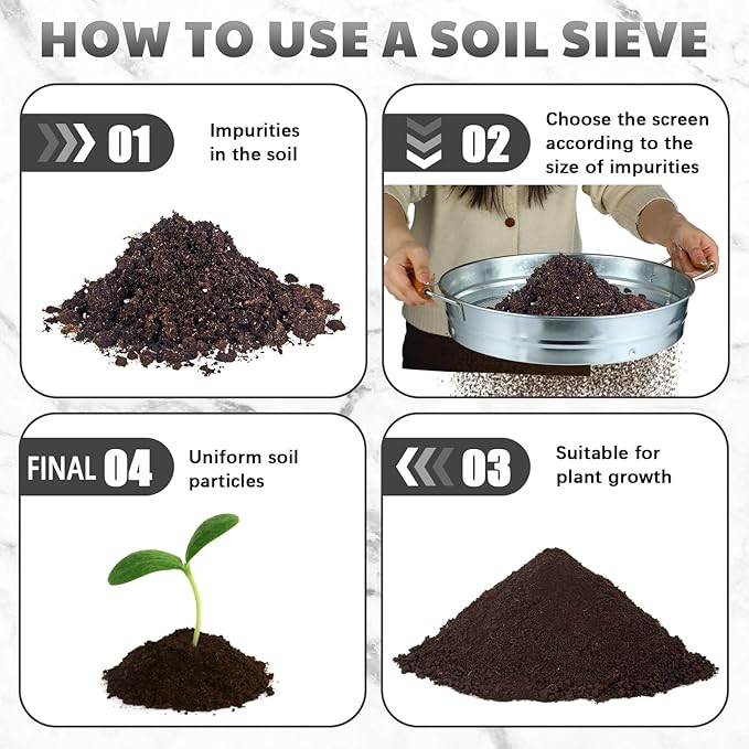 Soil Sifter for Gardening with 1, 3, 6, 9, 12 mm Sieve Mesh Compost Dirt Sifter with Handle Large Garden Sand Soil Rock Sieve 17.7" l x 13.8" W for Sand Rocks Pellet Gravel(Silver)