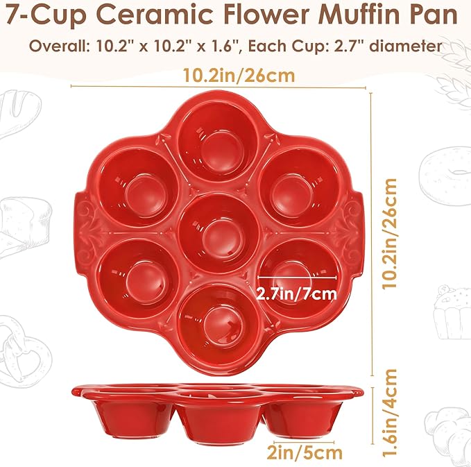 Youeon 2 Pack Red Ceramic Muffin Pans, 7 Cup Nonstick Cupcake Baking Pans with Floral Handles, Oven & Dishwasher Safe Muffin Tins for Muffins, Cupcakes, Mini Cheesecakes, Holiday Baking Gift