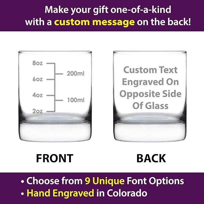 Custom Cocktail Measuring Cup - Personalized Whiskey Rocks Glass - Engraved Measurement Lines for Bartender & Portion Control - Ounces and Metric - 10.25 oz Glasses